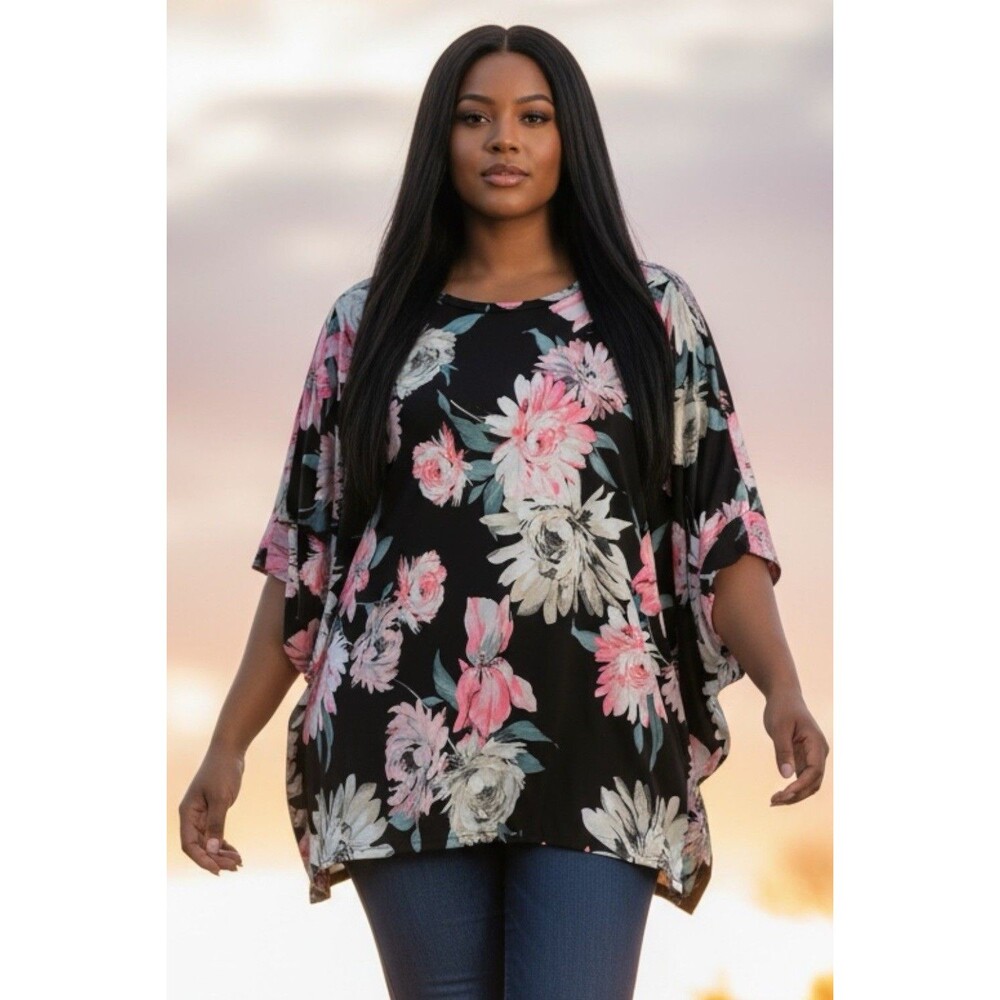 3X Dear Scarlett Floral Print Black Pink Batwing Style Oversized High Low Top